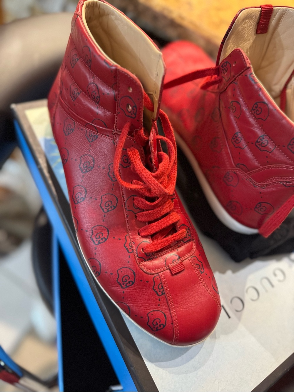 Gucci Men’s Red Leather High-Top Sneakers with Subtle Logo Motif